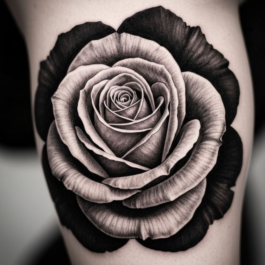 Tatuaje de rosa en negro y gris con sombreado realista