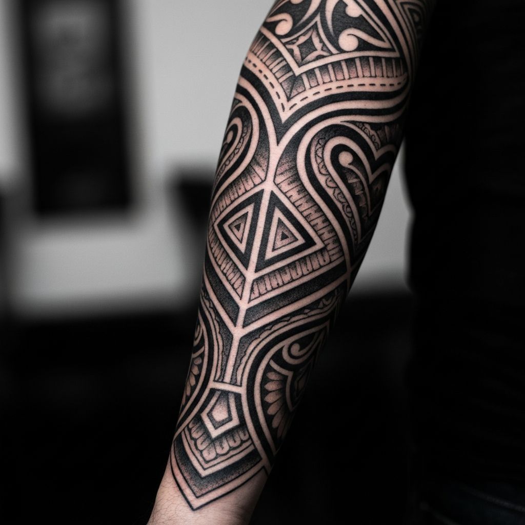 Manga de tatuaje blackwork con patrón ornamental