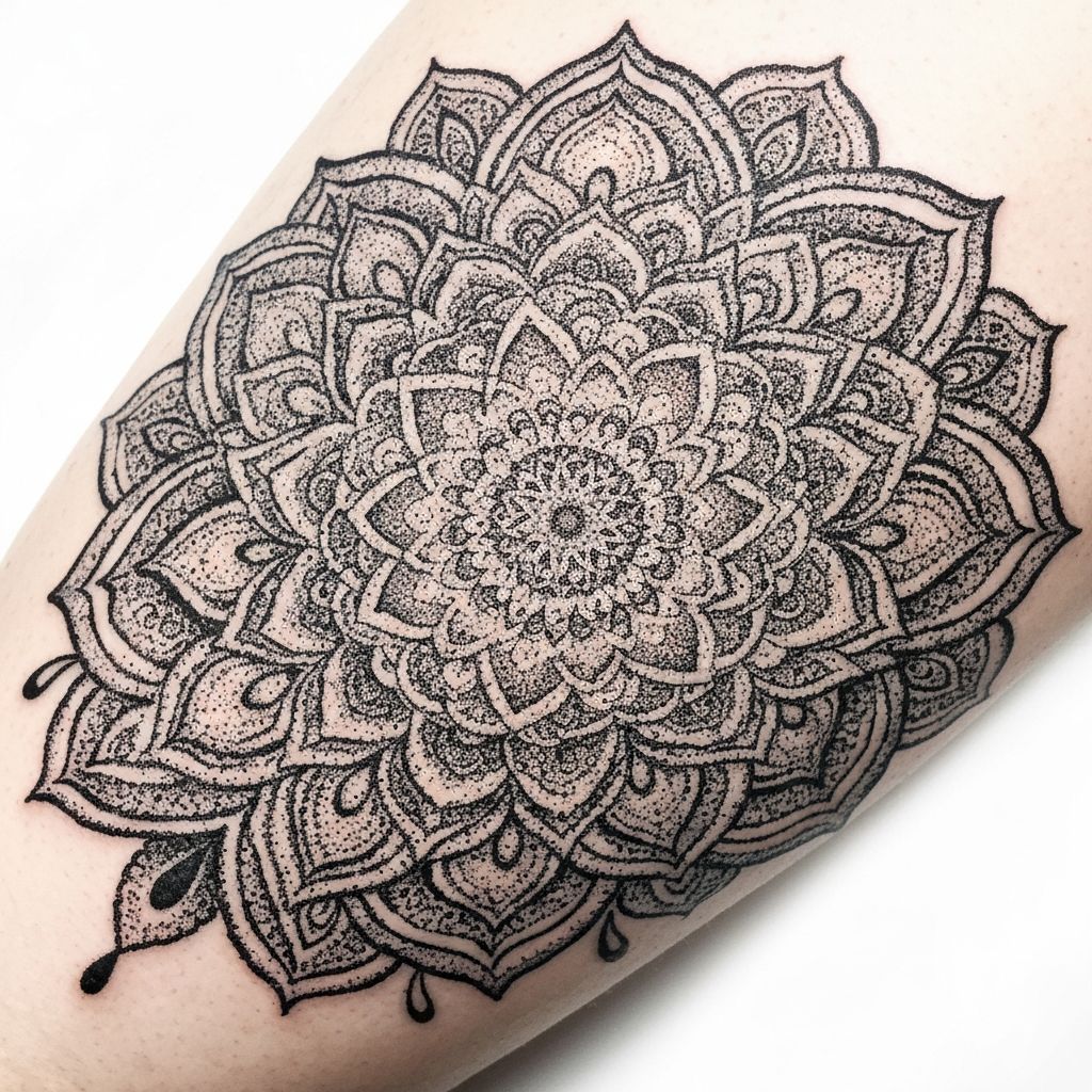 Tatuaje dotwork mandala con detalles intrincados